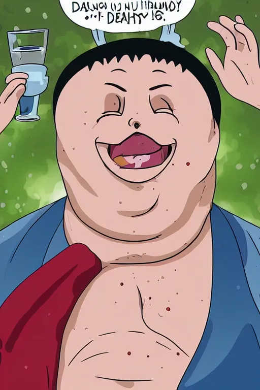 Image similar to an obese man with double chin and jowls sweating and dirty from eating representing gluttony, seven deadly sins