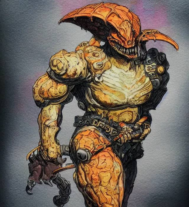 Image similar to a 3 / 4 view watercolor ink painting of a humanoid anthropomorphic glowing deathclaw dressed as a raider in the style of jean giraud in the style of moebius trending on artstation deviantart pinterest detailed realistic hd 8 k high resolution