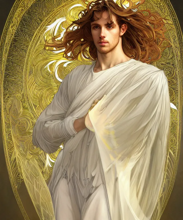 Image similar to fullbody symmetrical portrait of a beautiful young fit male angel with curly blond hairs, full dressed in long fluent clothes, majestic big dove wings, luminous halo, by greg rutkowski and alphonse mucha, gradient white to gold, in front of an iridescent background, highly detailed portrait, digital painting, artstation, concept art, smooth, sharp focus illustration