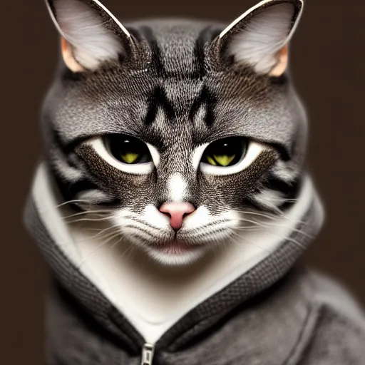 Image similar to a studio photograph of a cat wearing a hoodie,realistic,photorealistic,hyperdetailed,hyperrealistic,detailed face,highly detailed,professional photo,professional lighting,studio photo,studio lighting,digital art,ultra realistic,ultra detailed,art by greg rutkowski