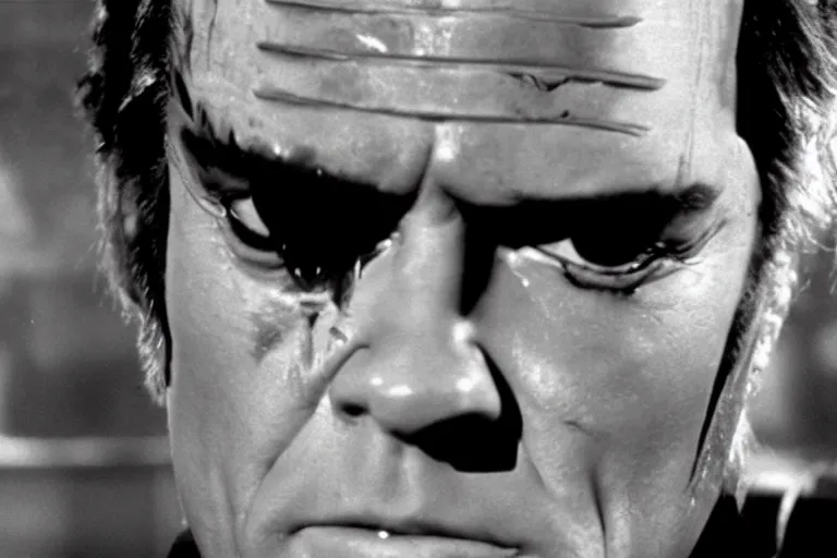 Image similar to Jack Nicholson plays Terminator, his eye glow red, still from the film