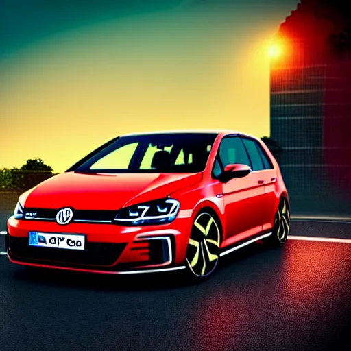 Prompt: a car parked VW Golf GTI at side of road, Berlin City, city sunset, cinematic color, photorealistic, highly detailed, bokeh