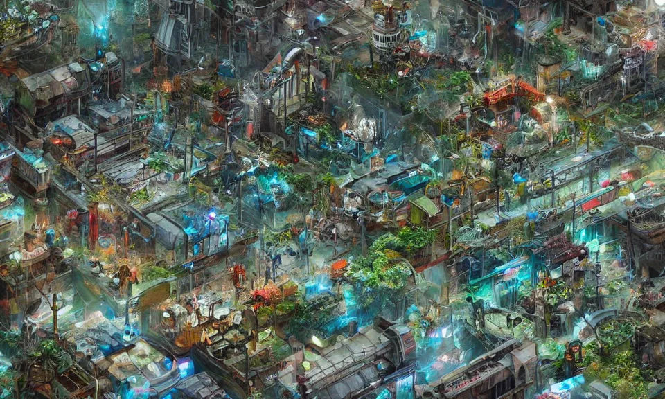Prompt: biopunk town, trending on artstation, a town inspired by biological and plant-based industries and light industries. World renowned famous artists. Worth1000.com