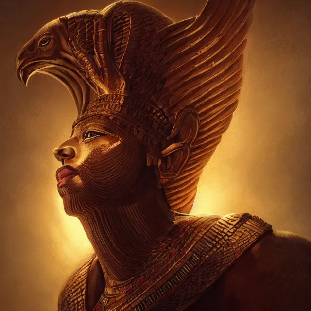 Image similar to majestic gracious egyptian god ra portrait, atmospheric lighting, painted, menacing, intricate, volumetric lighting, beautiful, rich deep colours masterpiece, golden hour, sharp focus, ultra detailed, by leesha hannigan, ross tran, thierry doizon, kai carpenter, ignacio fernandez rios