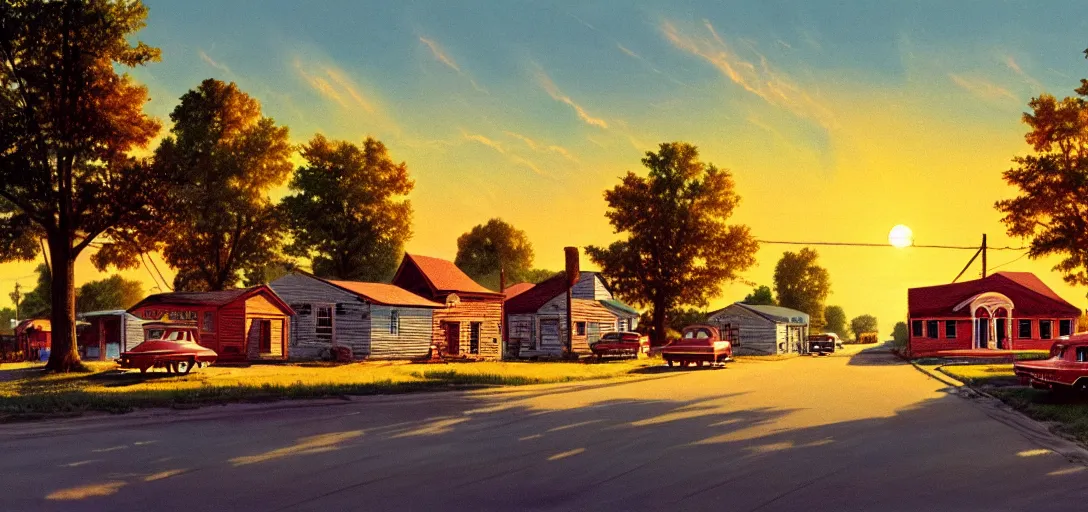 Image similar to concept art of a small rural town in middle America in the 1960s, detailed, Americana, golden hour