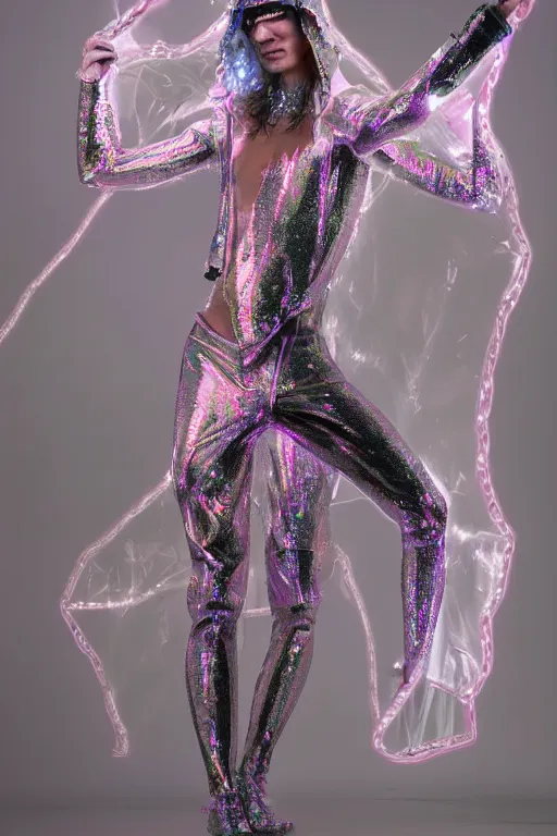 Image similar to full-body rococo and cyberpunk delicate crystalline sculpture of a muscular iridescent slender Spanish male as a humanoid deity wearing a thin see-through plastic hooded cloak sim roupa, reclining con las piernas abiertas, glowing pink face, crown of white lasers, large diamonds, swirling black silk fabric. futuristic elements. oozing glowing liquid, full-length view. space robots. human skulls. throne made of bones, intricate artwork by caravaggio. Trending on artstation, octane render, cinematic lighting from the right, hyper realism, octane render, 8k, depth of field, 3D