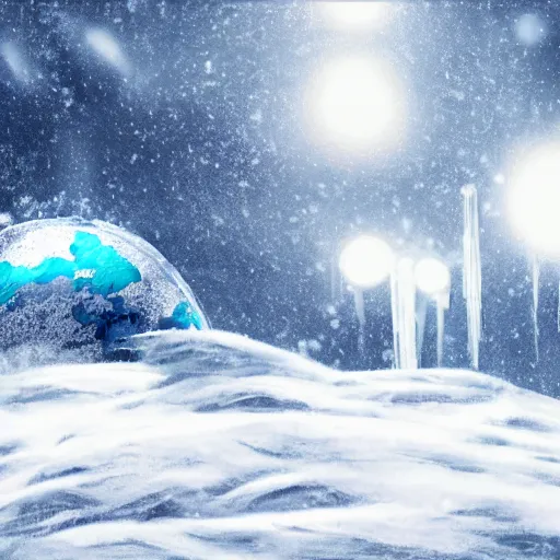 Image similar to concept art of a snow covered planet, snowstorm, ice, ice spikes, planet, space, concept art