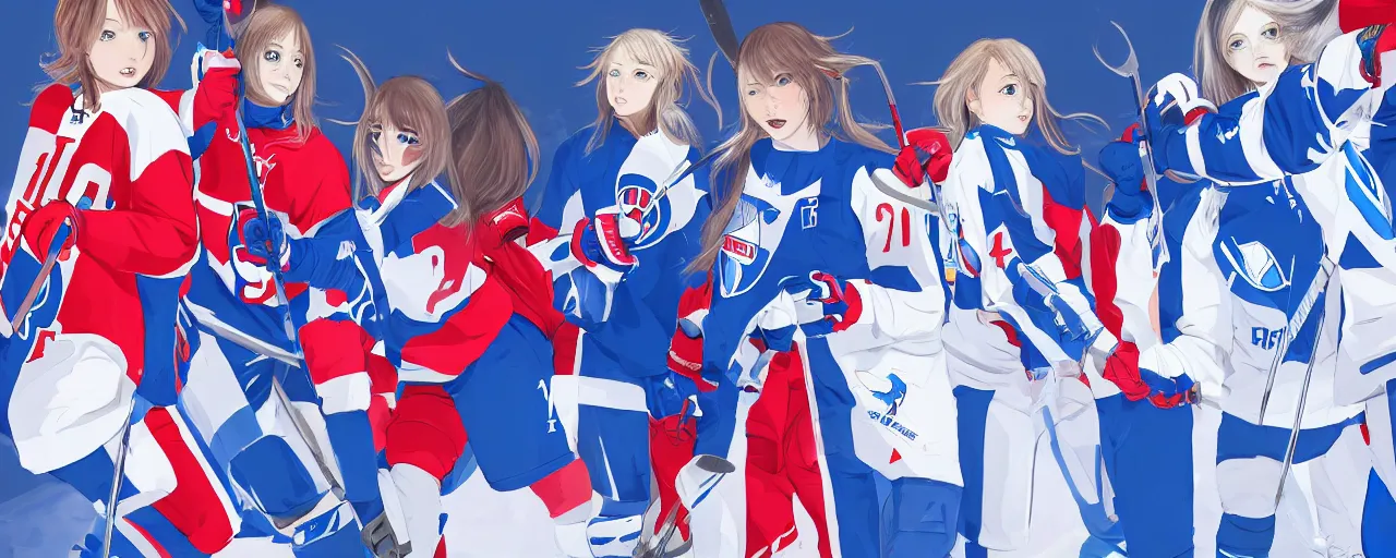 Image similar to females akira anime ice hockey players, wearing a light futuristic suit, habs and nordiques jerseys, blue white and red color blocking, character concept exploration, outfit designs, trending on artstation, photorealistic, 8k, background of vast ice rink tv crews and crazy crowd