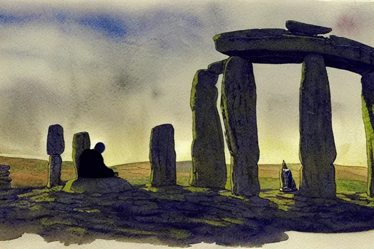 Prompt: a realistic and atmospheric watercolour fantasy concept art of a ufo landing in a floating stonehenge. one dirty medieval monk in grey robes is on his knees praying to the ufo. muted colors. by rebecca guay, michael kaluta, charles vess and jean moebius giraud