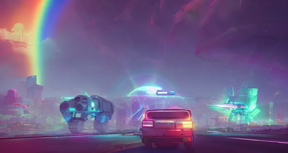 Image similar to Rainbow road, rendered by simon stålenhag, rendered by Beeple, Makoto Shinkai, syd meade, environment concept, digital art, starwars, Gundam Style, unreal engine, 3 point perspective, WLOP, trending on artstation, low level, 4K UHD image, octane render,