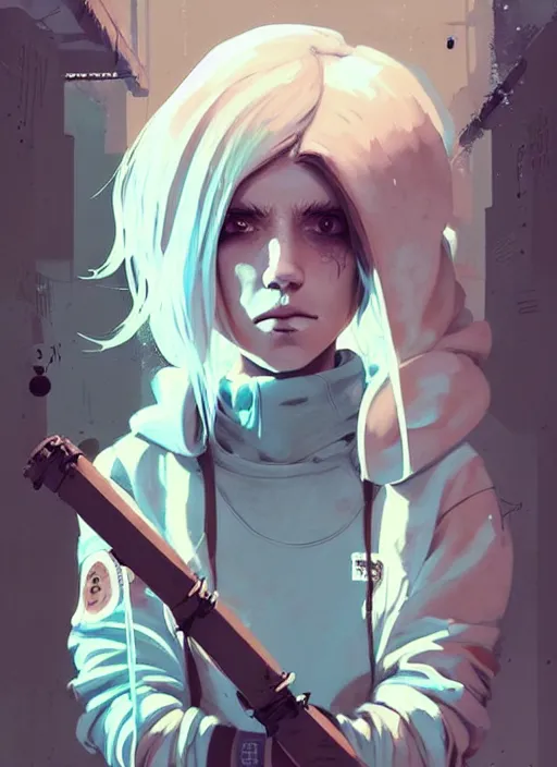 Image similar to highly detailed portrait of a sewer punk swedish young lady, hoodie, white hair by atey ghailan, by greg rutkowski, by greg tocchini, by james gilleard, by joe fenton, by kaethe butcher, gradient light blue, blonde, brown, cream and white color scheme, grunge aesthetic!!! ( ( graffiti tag wall background ) )