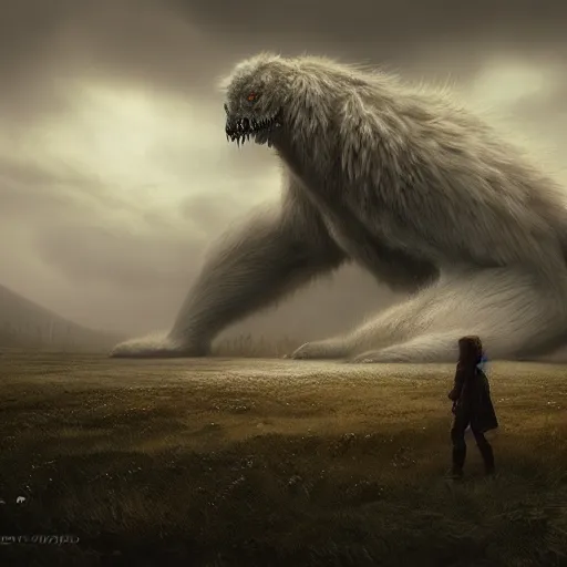 Image similar to giant monster by grzegorz rutkowski, atmospheric haze, stormy, tundra, princess in foreground, large scale