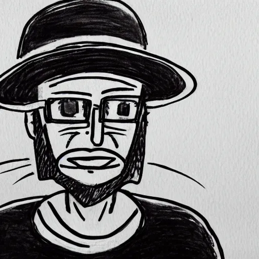 Prompt: typical it guy in black hat ink on paper