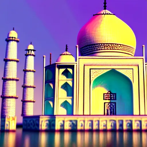 Image similar to futuristic taj mahal painted in rainbow colors. photorealistic. brightly lit scene. this 4 k hd image is trending on artstation, featured on behance, well - rendered, extra crisp, features intricate detail, epic composition and the style of unreal engine.