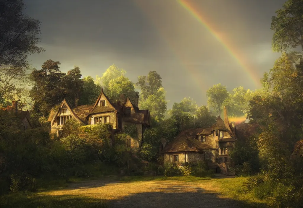 Prompt: a tudor house on a hillside, a gravel path leading towards it, well lit sky, sun shower, rainbow, cinematic view, detailed architecture, concept art, high detail, well lit, volumetric, godrays, vivid, trending on artstation,