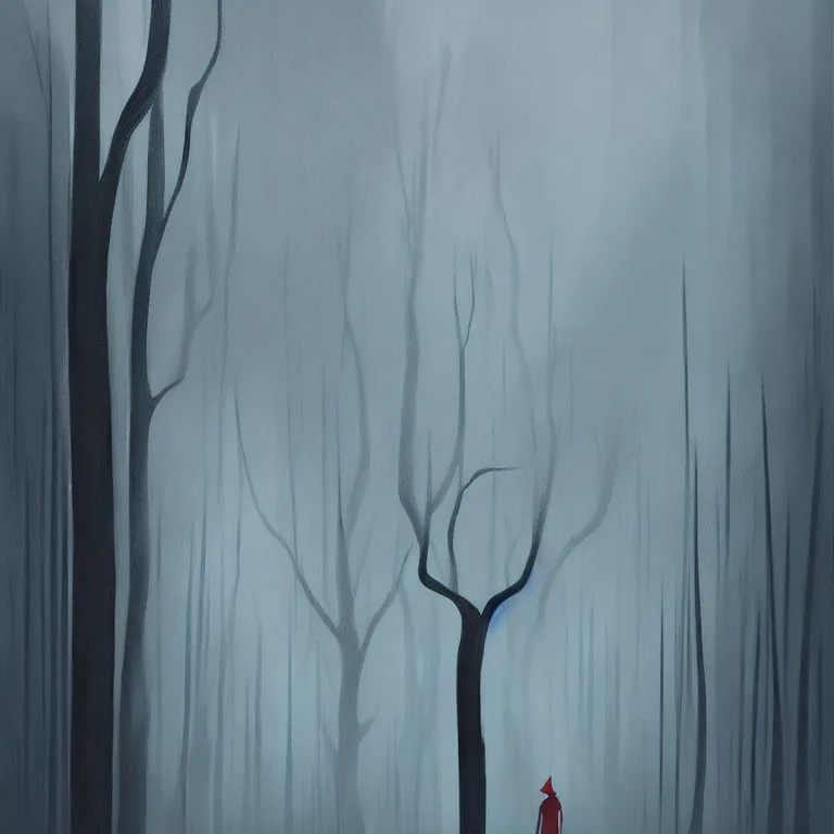 Image similar to a painting of a person standing in the rain surrounded by trees, a digital rendering by Eyvind Earle, deviantart, digital art, matte drawing, deviantart, soft mist