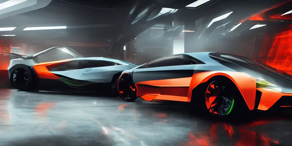 Image similar to a design of a futuristic DMC Delorian, designed by Polestar, blade runner background, back view, emerald car paint with bright orange accent detailing, black windows, sportscar, black show room, dramatic lighting, octane rendering, unreal engine rendering, hyper realistic render, depth of field, octane rendering