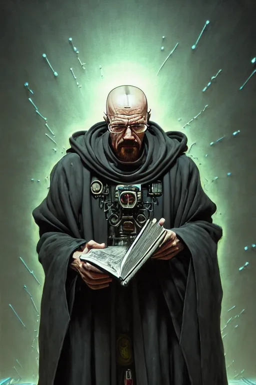 Image similar to painting of walter white as a cloaked tech priest holding a book, adeptus mechanicus!, cybernetic enhancements attached to his body, praise the omnissaiah, zdzislaw beksinski, lewis jones, mattias adolfsson, warhammer 4 0 k!!, cold hue's, warm tone gradient background, concept art, digital painting