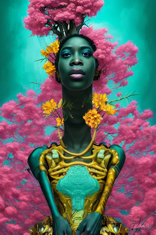 Image similar to illustration neo - rococo cinematic super expressive! yoruba goddess with exoskeleton armor, merging with tree in a forest, pink yellow flowers, highly detailed digital art masterpiece, smooth etienne sandorfi eric zener dramatic pearlescent soft teal light, ground angle hd 8 k, sharp focus