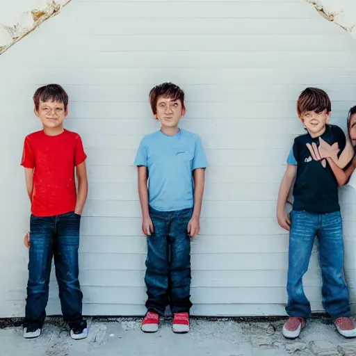 Image similar to one girl and three boys stand together. they are siblings. a white housewall is in the beackground