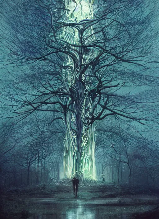 Image similar to A majestic tree, symmetrical, neon, RGB, glowing wires everywhere, pristine, by Edgar Maxence and Ross Tran, Zdzisław Beksiński, and Michael Whelan, distant, gustav dore, H.R. Giger, 8k, octane render