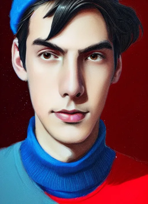 Image similar to portrait of teenage jughead jones wearing a light grey crown, crown, blue turtleneck, 1 9 5 0 s, closed eyes, photorealistic, black hair, glowing lighting, intricate, elegant, glowing lights, highly detailed, digital painting, artstation, concept art, smooth, sharp focus, illustration, art by wlop, mars ravelo and greg rutkowski