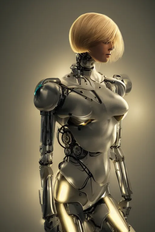 Image similar to a beautiful woman with blonde hair wearing robot suit with wires and light, highly detailed, photorealistic, artstation, smooth