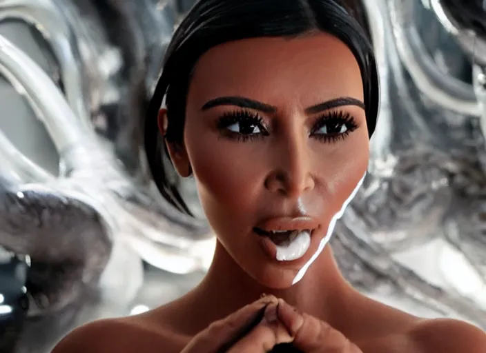 Image similar to film still of kim kardashian being ingested by an xenomorph, alien goo, transparent goo, transparent liquid, saliva, 8 k