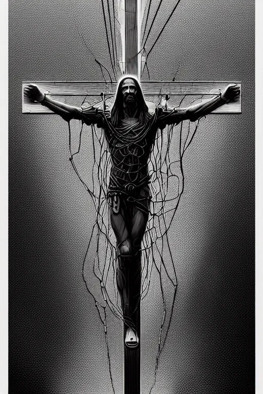 Image similar to full body shot of a cybernetic jesus on the cross, wires, cyberpunk art by beksinski and szukalski and giger and seb mckinnon and dan mumford and wlop and josan gonzalez, digital art, highly detailed, intricate, sharp focus, trending on artstation hq, deviantart, pinterest, unreal engine 5, 4 k uhd image