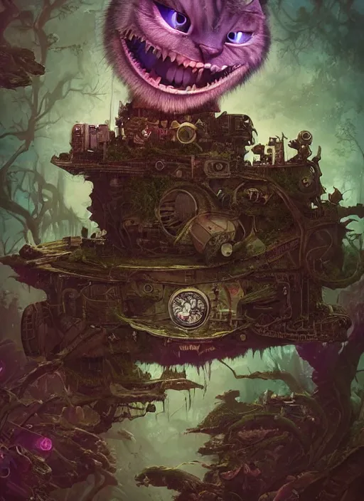 Image similar to cheshire cat, dieselpunk style, highly detailed, cinematic, 8 k, by megan duncanson, benjamin lacombe, adrian borda, stanley artgermm, tom bagshaw, craig mullins, carne griffiths, ayami kojima, beksinski, giger, trending on deviantart, hyper detailed, horror, full of colour