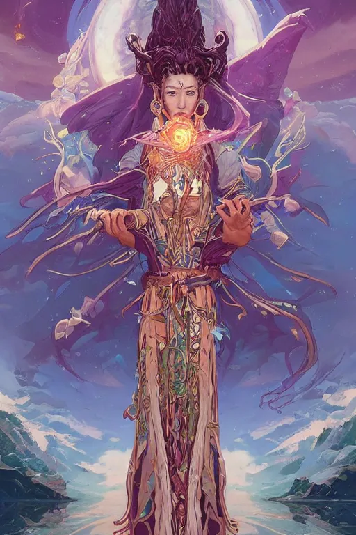 Image similar to shamanic priestess tarot card design by artgerm, tooth wu, dan mumford, beeple, wlop, rossdraws, james jean, marc simonetti, artstation giuseppe dangelico pino and michael garmash and rob rey and greg manchess and huang guangjian and makoto shinkai