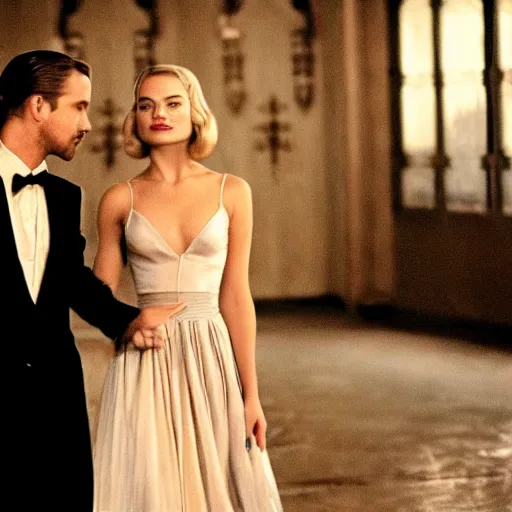 Prompt: still of ryan gosling and margot robbie, in once upon a time in america