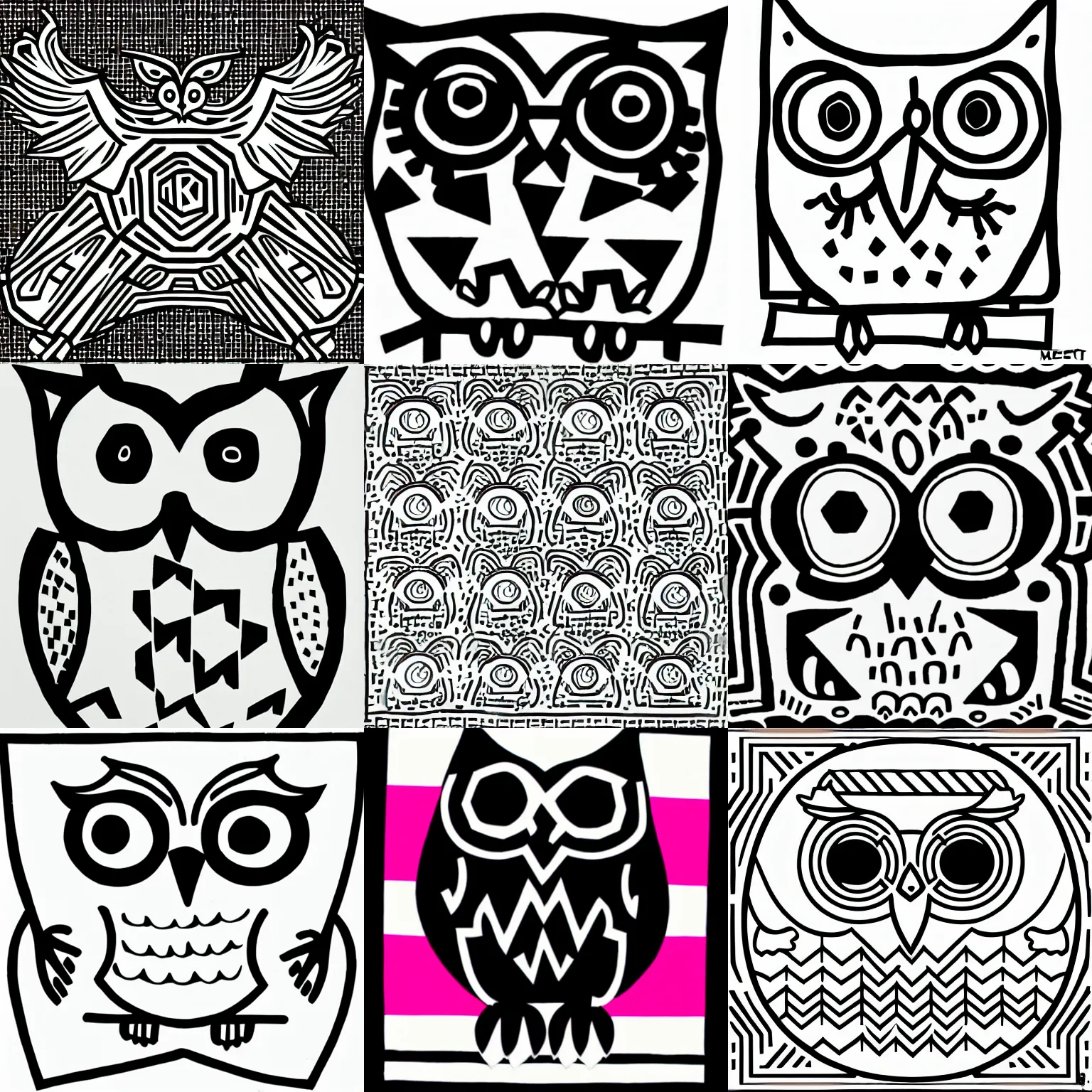 Prompt: owl vector polygon geometric, mbess, keith haring, line drawing