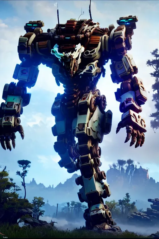 Image similar to a cinematic still from horizon zero dawn, full body mech, armored core, intact humanoid servo, octane render, nvidia raytracing demo, masterpiece, aged armor plating, decipticon armor plating, aggressive head, endoekeleton exposure