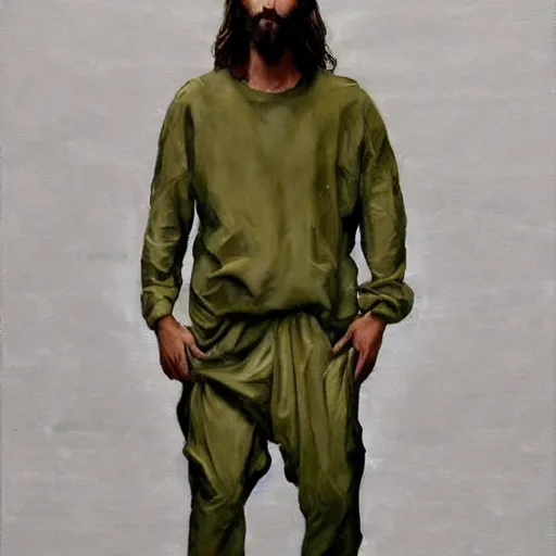 Prompt: a full body portrait of modern day jesus wearing olive green yeezy menswear collection by nicola samori, detailed, oil painting, smudges, hyper realistic, 8 k, yeezy collection