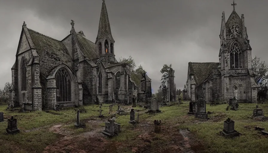 Image similar to abandoned old medieval damaged church at rainy morning, grey sky, muddy road, cemetery, hyperdetailed, artstation, cgsociety, 8 k