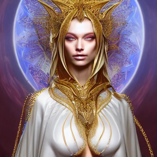 Prompt: a beautiful woman wearing white kaftan with golden ornaments by alex gray and android jones , Karol Bak, Ayami Kojima, Amano , concept art, character design, fantasy,3D, 8k resolution