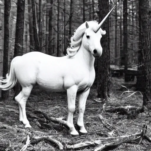 Image similar to unicorn caught on camera in the 1 9 5 0 s, black and white, in a forest