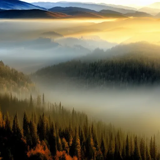 Prompt: A beautiful, landscape wallpaper, golden mountains, foggy, widescreen