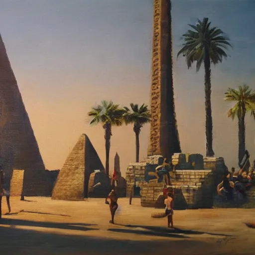 Image similar to a theme park in old egypt, oil painting