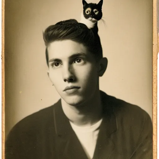 Prompt: a photo of a young man with a cat sitting on top of his head