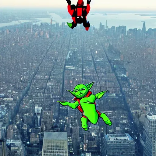 Image similar to baby yoda skydiving onto new York city at night