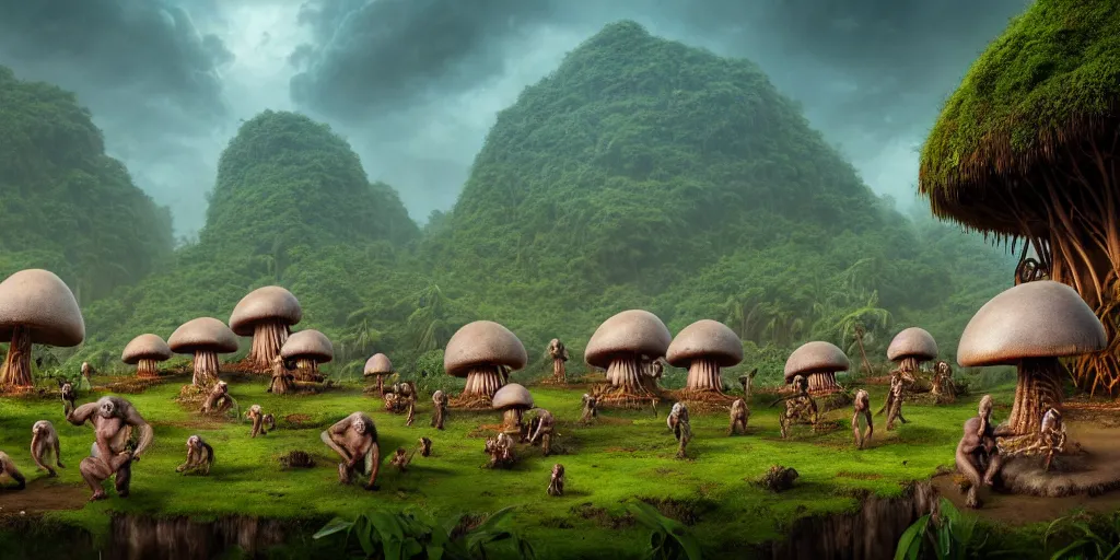 Image similar to a jungle village of albino gorillas and their mushroom huts, matte oil painting, retrofuturistic, science fantasy, salt, rust, mutant, lgbt, queer, rpg, epic, dungeons & dragons, sacred, sharp focus, award - winning, extremely detailed, 4 k, 8 k