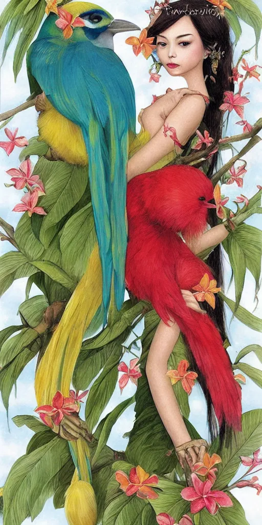 Image similar to greeting card, love, beautiful tropical bird couple, by tran nguyen, warm colors, cozy