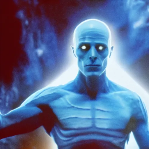 Image similar to film still of David Bowie as Dr. Manhattan in Watchmen, 4k