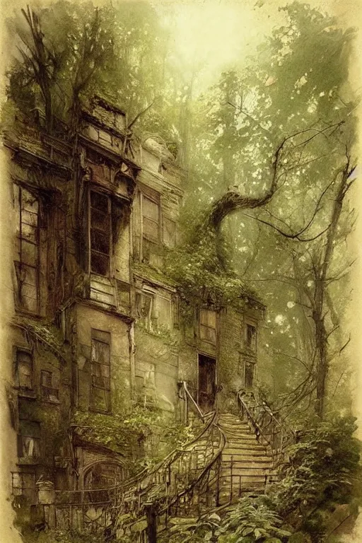 Image similar to (((((a ramshackle manhattan brownstone deep in the forest, completely overgrown))))) by Jean-Baptiste Monge!!!!!!!!!!!!!!!!!!!!!!!!!!!