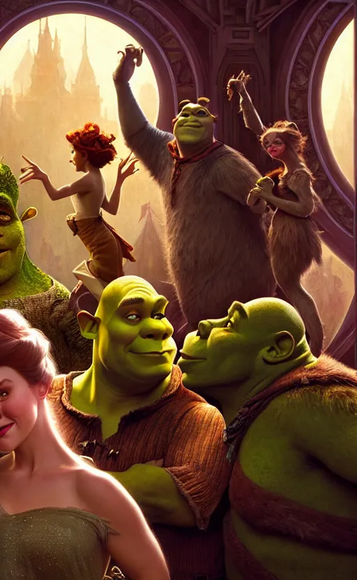 Prompt: shrek, gorgeous lighting by weta studio, mucha, bautista and norman rockwell and greg rutkowski and tom bagshaw and james gurney and lucasfilm