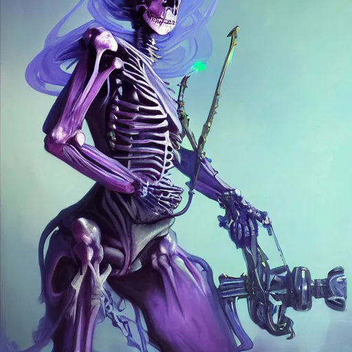 Prompt: painting of crass purple skeleton lancer in blue light bubble by dominik mayer, mucha, mohrbacher, trending on art station - n 8