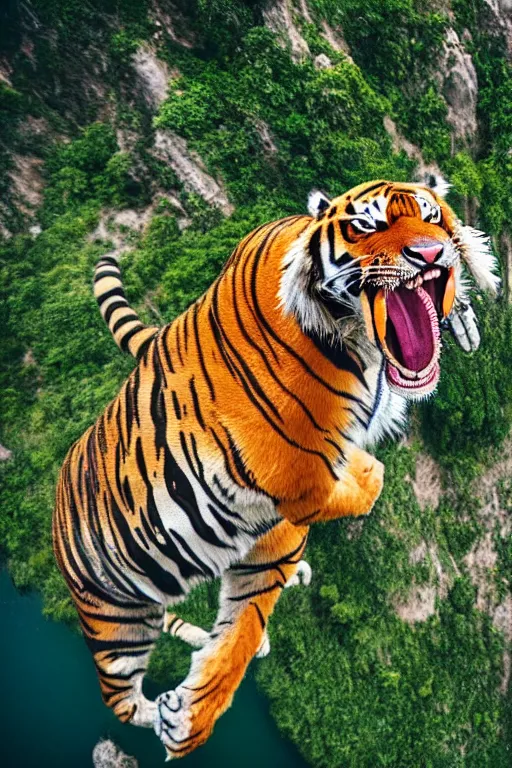 Prompt: realistic hairy tiger. the tiger is suspended by a large balloon parachute. the parachute is open. the tiger is is the middle of the air. the tiger is jumping from a mountain cliff. photo captured by a drone. wide angles lens. epic