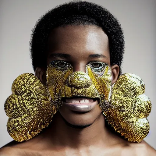 Image similar to a beautiful young haitian male wearing iris van herpen mickey mouse couture, photographed by erwin olaf